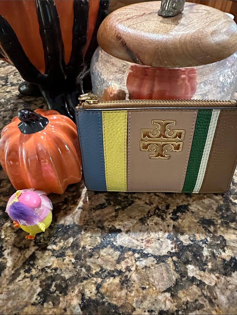 Tory Burch Multicolor Stripe Leather Card Wallet with Gold Logo